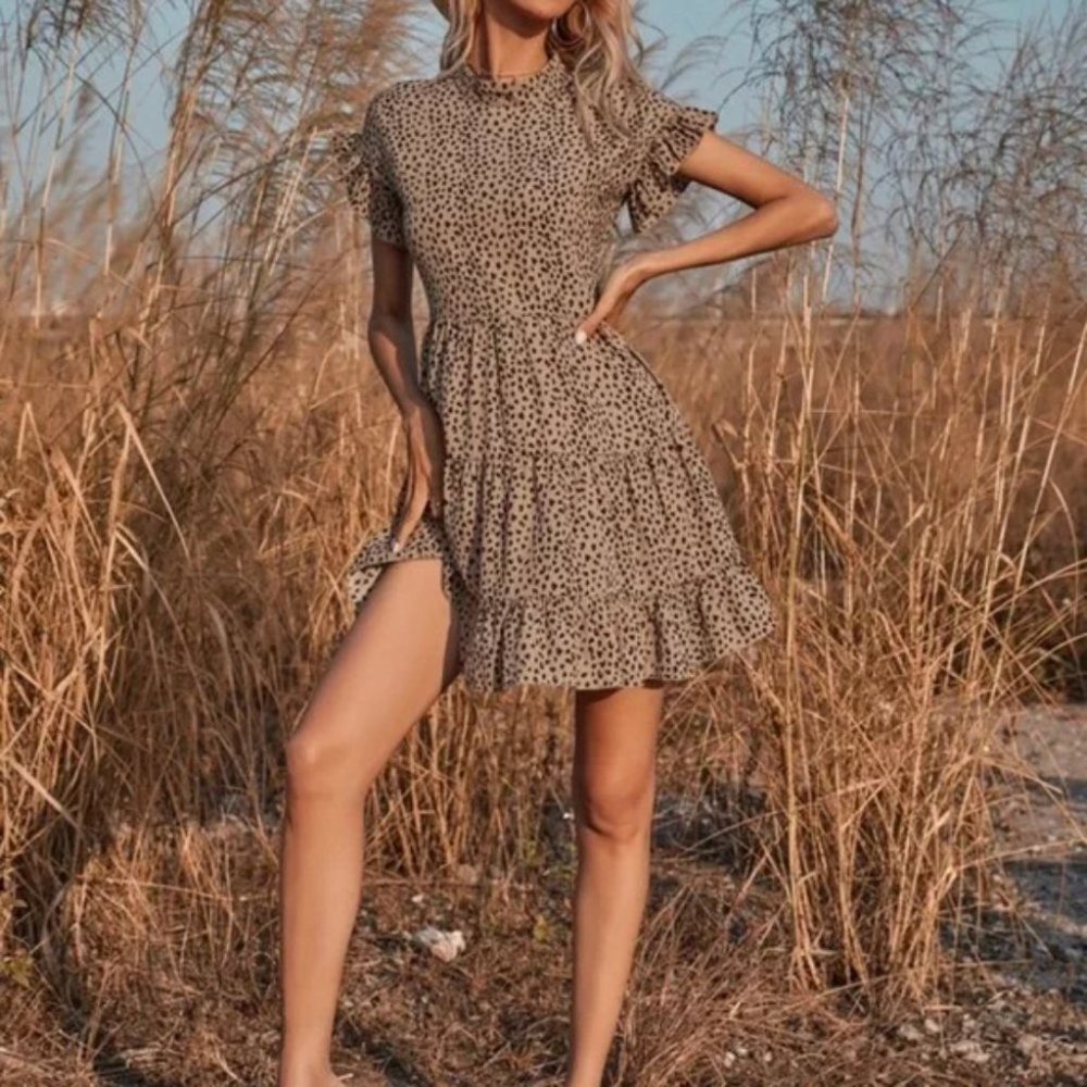 Boho Vibes Leopard Animal Print Dot Ruffle Mini Dress - Picture 3 of 4